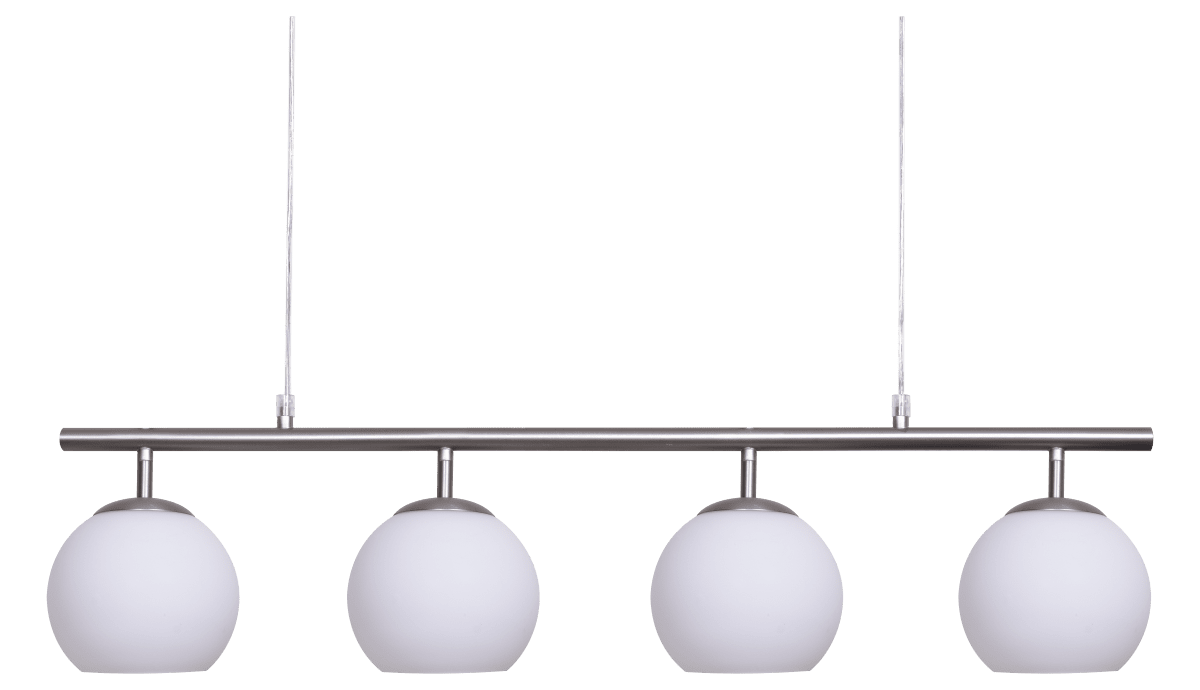 Globi 4 78cm Nikkel loftslampe Fra Nordic Lighting - Metaloph&aelig;nget i en mat nikkelfinish giver et elegant og grafisk udtryk, mens de fire runde opalglaskupler spreder et behageligt og j&aelig;vnt lys i rummet.