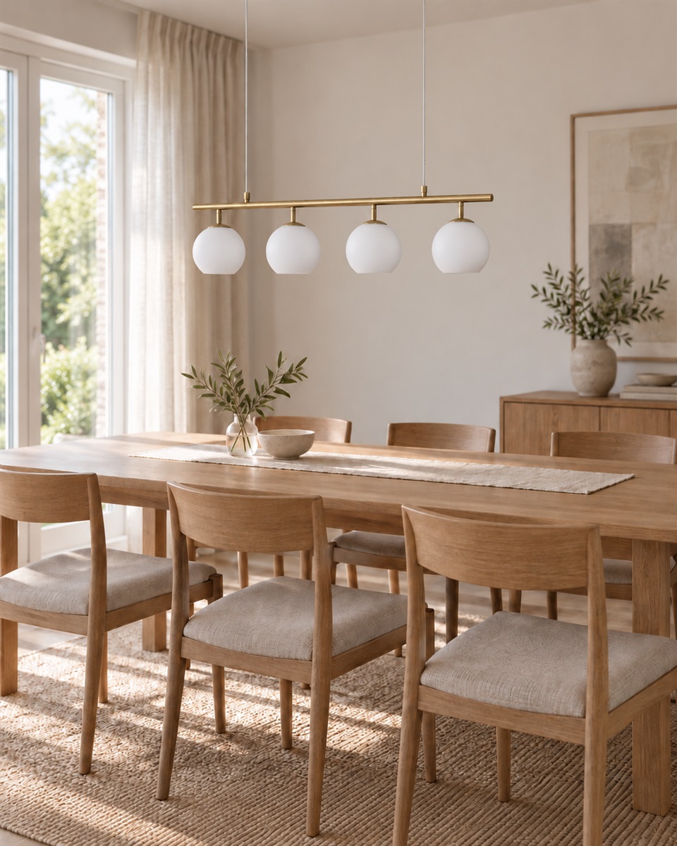 Globi 4 78cm Børstet messing/hvid loftslampe Fra Nordic Lighting - Metalophænget i børstet messingfinish giver et elegant og grafisk udtryk, mens de fire runde opalglaskupler spreder et behageligt og jævnt lys i rummet.