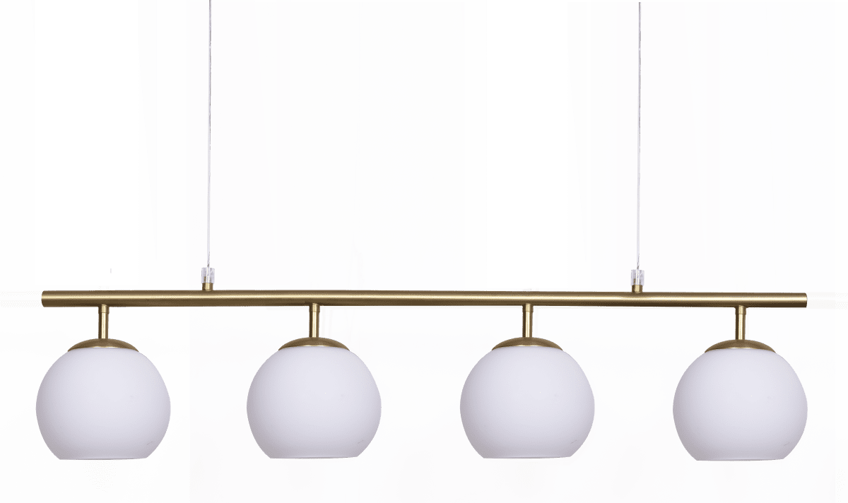 Globi 4 78cm Børstet messing/hvid loftslampe Fra Nordic Lighting - Metaloph&aelig;nget i b&oslash;rstet messingfinish giver et elegant og grafisk udtryk, mens de fire runde opalglaskupler spreder et behageligt og j&aelig;vnt lys i rummet.