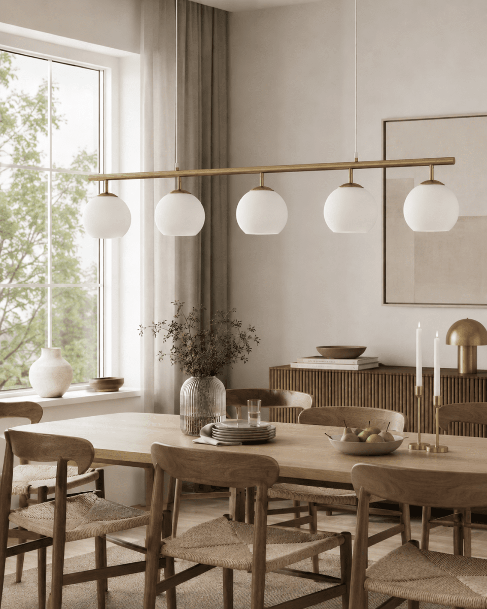 Globi 5 120cm Børstet messing/hvid loftslampe Fra Nordic Lighting - Globi 5 bliver et dekorativt blikfang, der passer lige godt i moderne hjem som i mere klassiske milj&oslash;er.