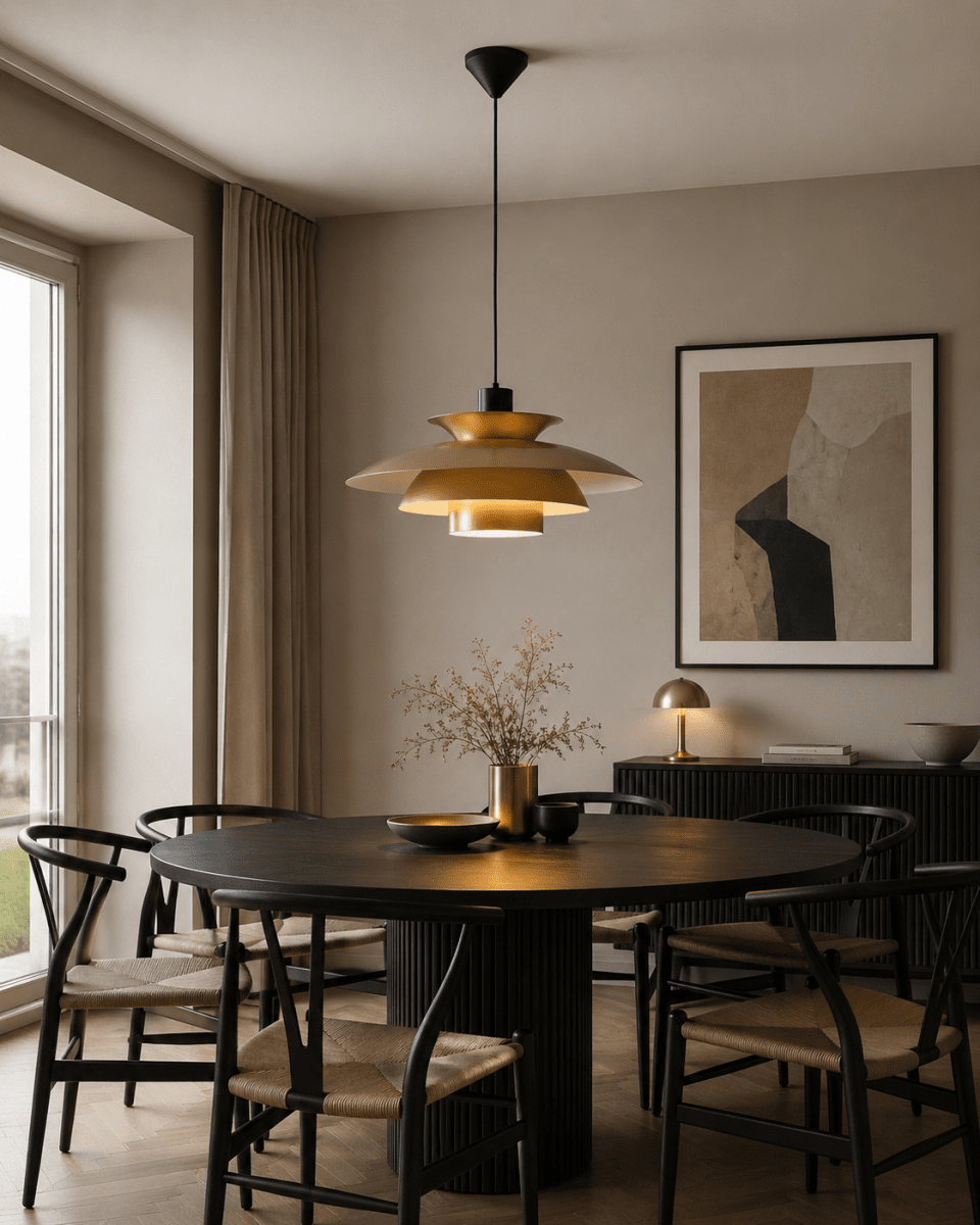 Stealth 2 Ø50 Guld loftslampe Fra Nordic Lighting - Den er lavet af metal med en gylden finish og har et elegant og harmonisk udtryk.