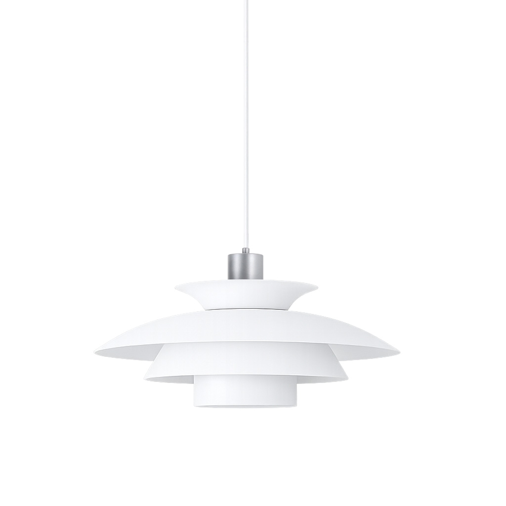 Stealth 2 Ø50 Hvid loftslampe Fra Nordic Lighting - Den er lavet af hvidmetal med s&oslash;lvdetaljer og skaber et elegant og harmonisk udtryk.