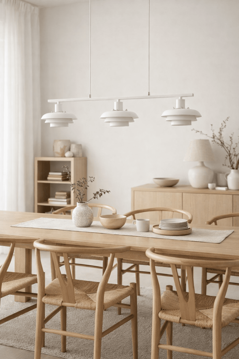 Stealth 86cm Hvid loftslampe Fra Nordic Lighting - Stealth er en stilfuld loftslampe i hvidmetal med tre nedadvendte sk&aelig;rme, der giver et behageligt, rettet lys over for eksempel et spisebord eller k&oslash;kken.