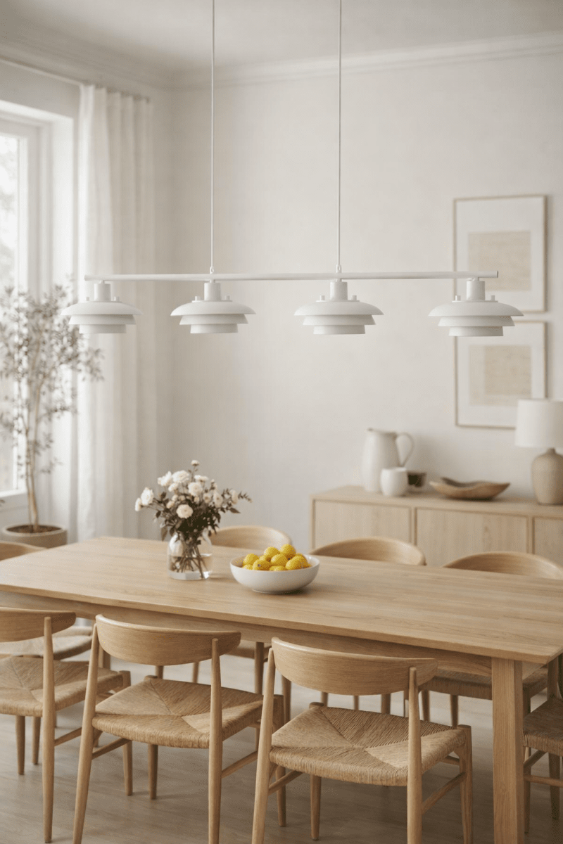 Stealth 120cm Hvid loftslampe Fra Nordic Lighting - Stealth er en stilfuld loftslampe i hvidmetal med fire nedadvendte sk&aelig;rme, der giver et behageligt, rettet lys over for eksempel et spisebord eller k&oslash;kken.