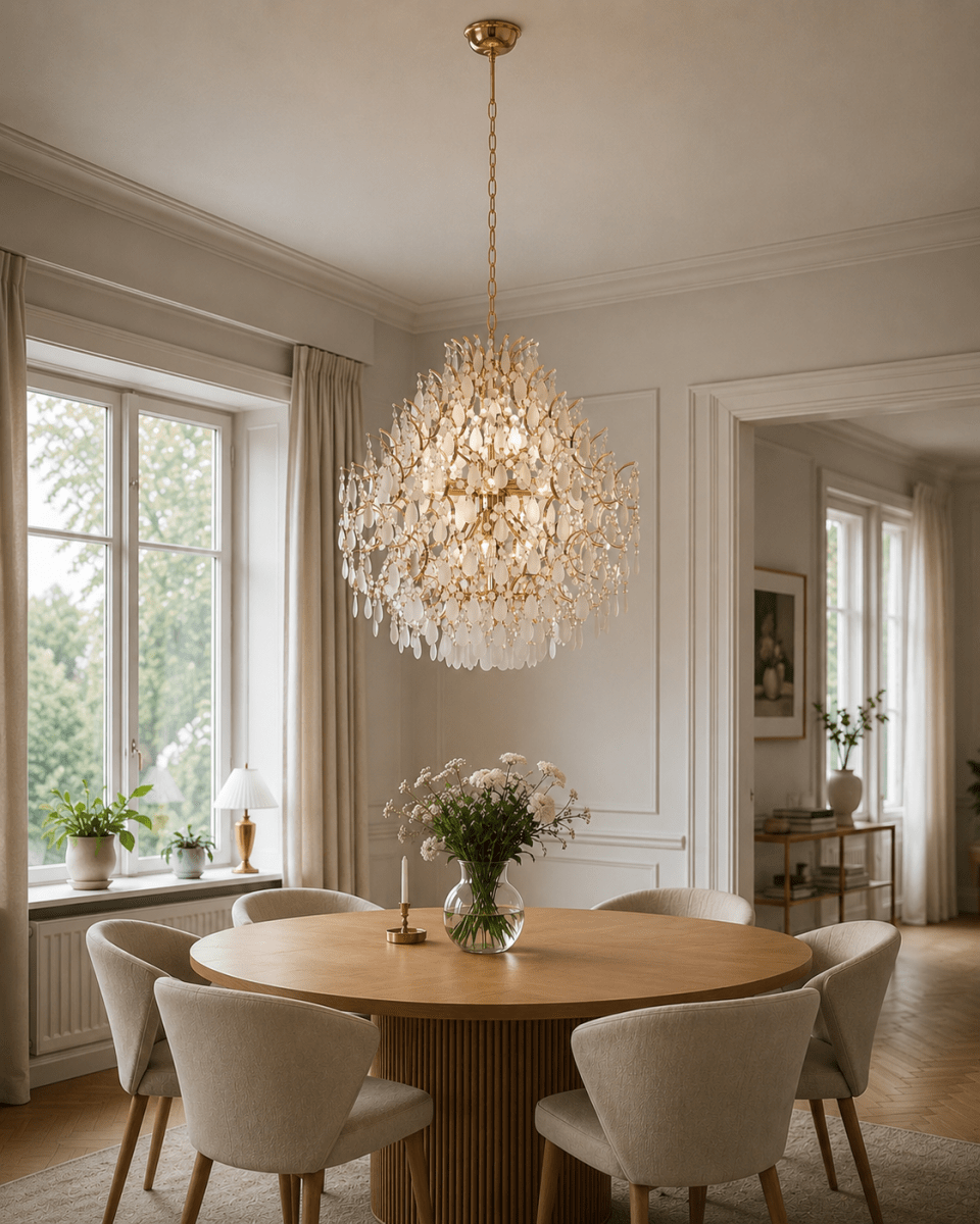 Palais Ø58 Guld krystal Fra Lampan - Lampen er d&aelig;kket af matterede prismer, der giver et bl&oslash;dt, dr&oslash;mmende lysspil og skaber en eksklusiv atmosf&aelig;re i rummet.