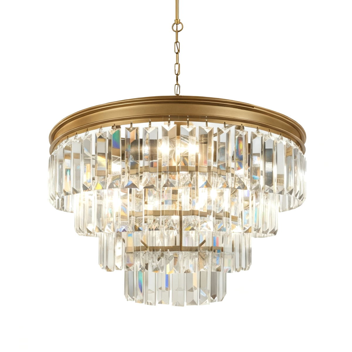 Oxford Ø50 Antik messing krystal Fra Lampan - Lampen er bygget i flere niveauer med klare prismer, der reflekterer lyset p&aring; en funklende m&aring;de og skaber en varm og indbydende atmosf&aelig;re.
