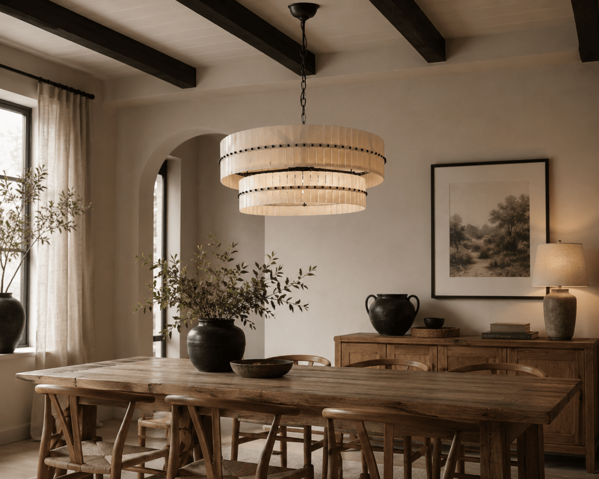 Eaton Ø75 Sort og hvid krystal Fra Lampan - Den matsorte metalramme er indrammet af hvide glasprismer arrangeret i forskellige h&oslash;jder, hvilket skaber en elegant dybde og en levende silhuet.
