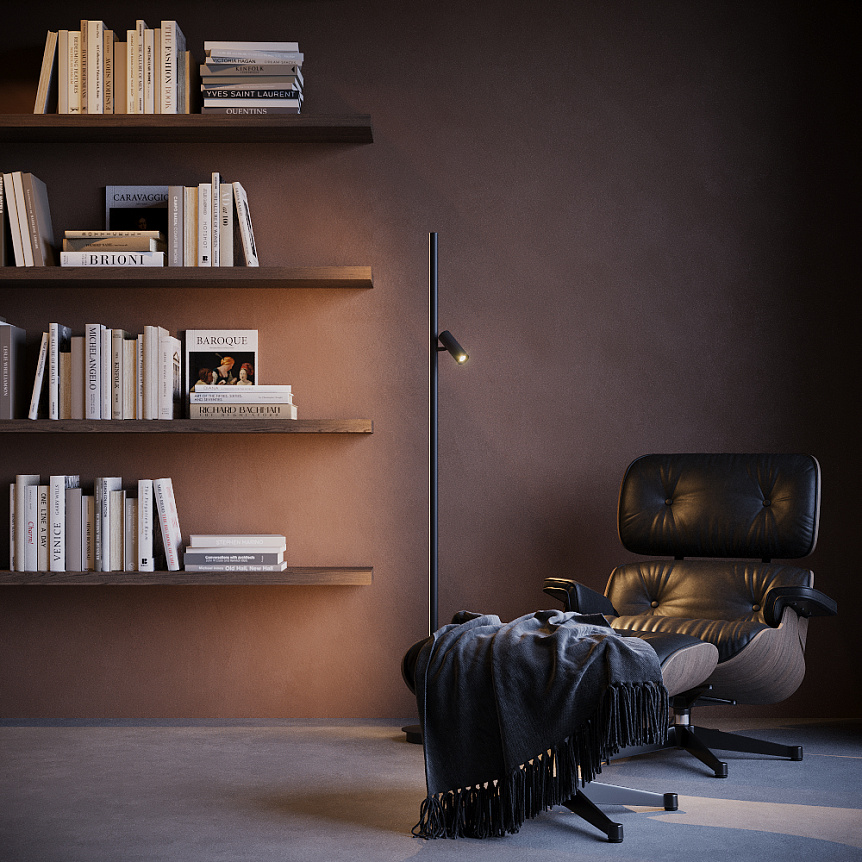 Thin Sort gulvlampe Fra Maytoni - Den har en bev&aelig;gelig spotlight med skarpt lys, perfekt som l&aelig;selampe, og en touch-d&aelig;mper for nem lysjustering.