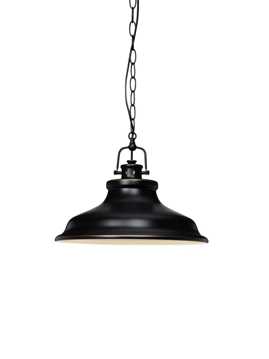 New Haven Ø37 Antik sort loftslampe Fra Cottex - Dens robuste metalkonstruktion og kædeophæng giver den en industriel følelse, perfekt til at skabe en trendy atmosfære i køkkenet eller spisestuen.