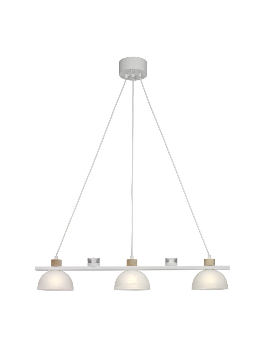 Divoza 82cm Hvid loftslampe Fra Cottex - Divoza loftlampe kombinerer en rustik træbakke med elegante hvide glaskopper og klassiske lyskopper på toppen.