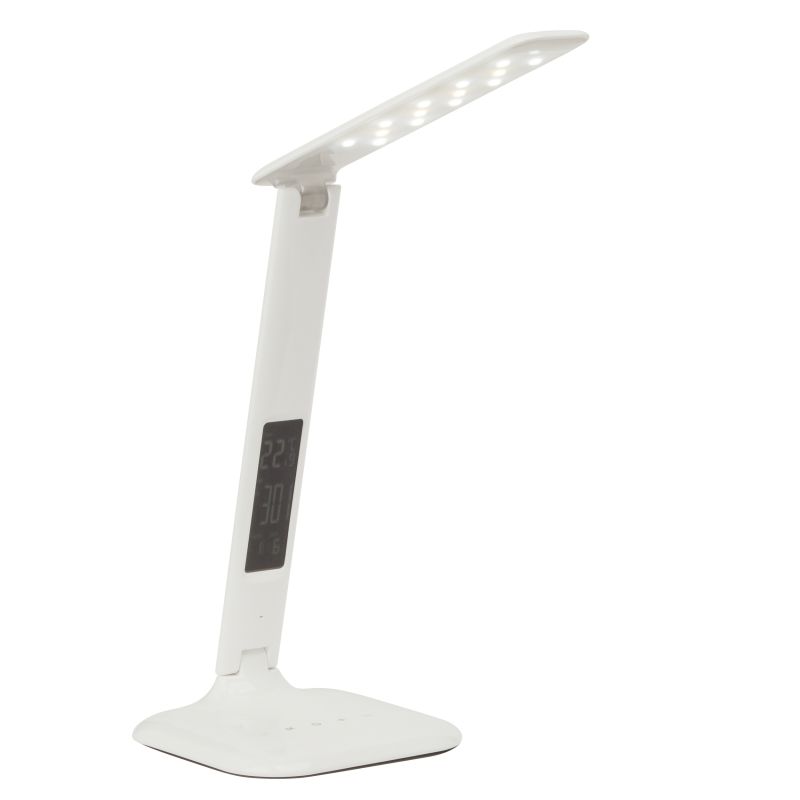 Glenn 55cm Hvid skrivebordslampe Fra Brilliant - Det justerbare lampehoved og led gør det nemt at rette lyset derhen, hvor det er nødvendigt, og lampen er udstyret med både en USB-port til opladning og et ur med alarm-, dato- og temperaturvisning.