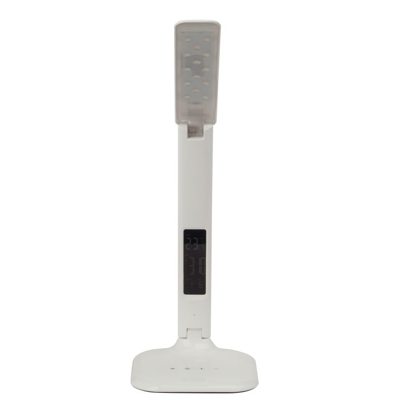 Glenn 55cm Hvid skrivebordslampe Fra Brilliant - Det justerbare lampehoved og led gør det nemt at rette lyset derhen, hvor det er nødvendigt, og lampen er udstyret med både en USB-port til opladning og et ur med alarm-, dato- og temperaturvisning.