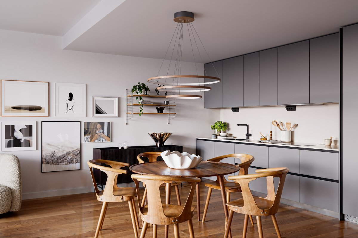 Trione Ø80 Valnød loftslampe Fra By Rydéns - Hver ring (80 cm, 60 cm og 40 cm i diameter) kan nemt justeres i h&oslash;jde og position med lampens wirebeslag.