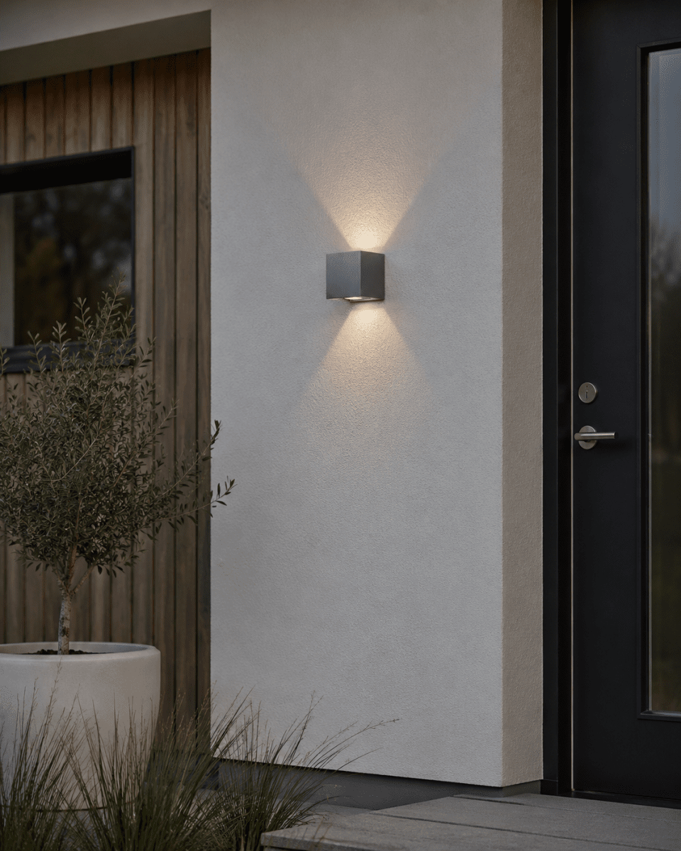 Alu Box 12cm Aluminium væglampe Fra Lampan - Det unikke design skaber et smukt opad- og nedadg&aring;ende lys, der falder bl&oslash;dt mod v&aelig;ggen og giver rummet en behagelig og indbydende atmosf&aelig;re.