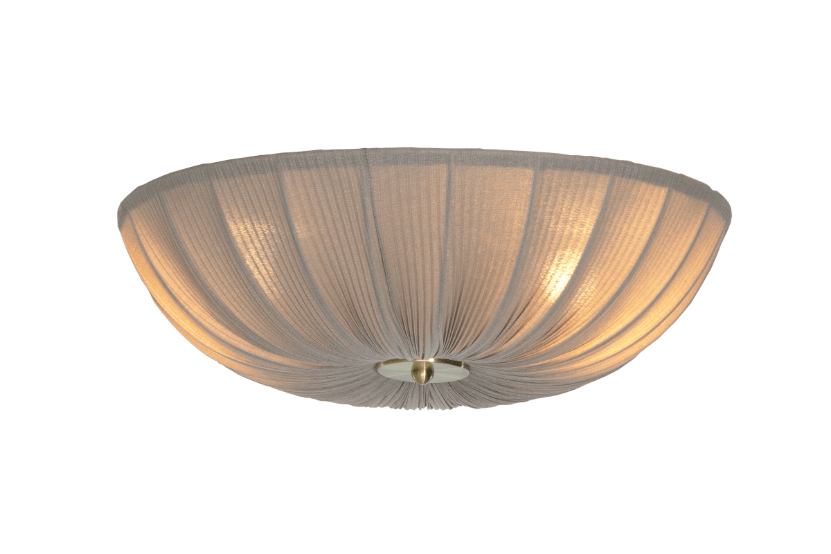 Lady Ø45 Grå plafond Fra Aneta Lighting - N&aring;r lampen er t&aelig;ndt, spredes et bl&oslash;dt og behageligt lys gennem stoffet og skaber en varm atmosf&aelig;re i rummet.
