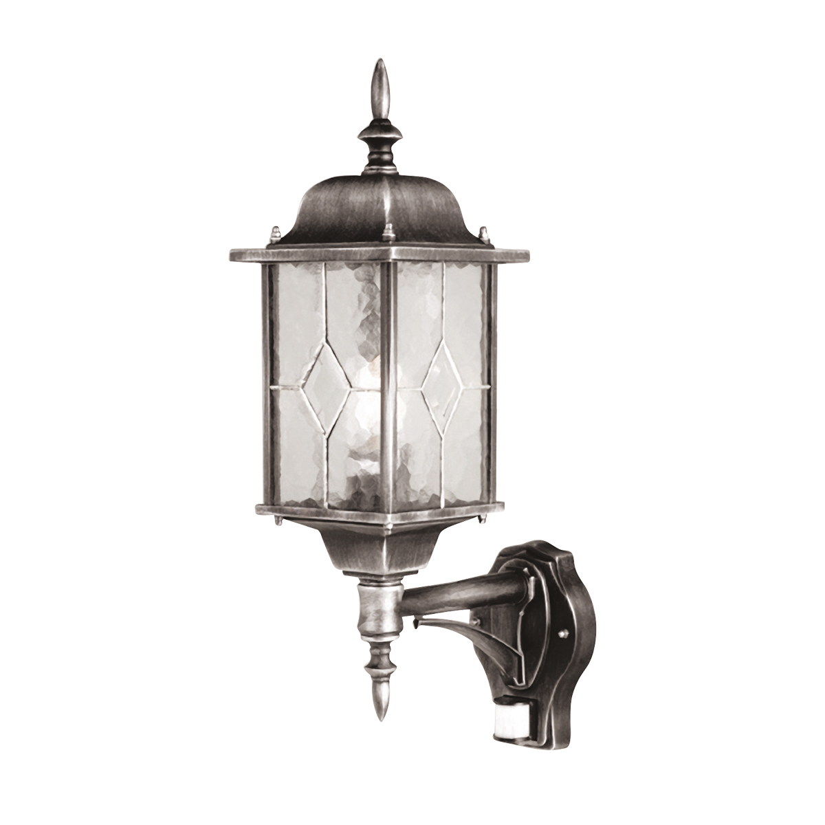Wexford Sølv udendørslampe Fra Elstead Lighting - Lampen er udstyret med en praktisk bevægelsessensor, der automatisk tænder lyset, når der er bevægelse inden for en afstand af 1-8 meter og en detektionsvinkel på 120 grader.