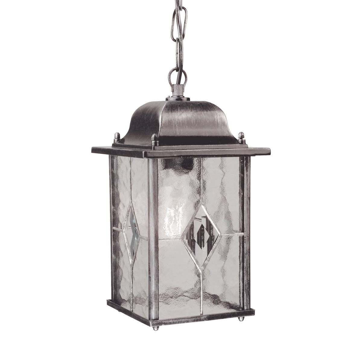 Wexford 16cm Sølv Fra Elstead Lighting - Wexford er en klassisk hængende udendørs lanterne lavet af aluminium med en elegant mørk sølvfinish og dekorative glaspartier med blyindfattet mønster.