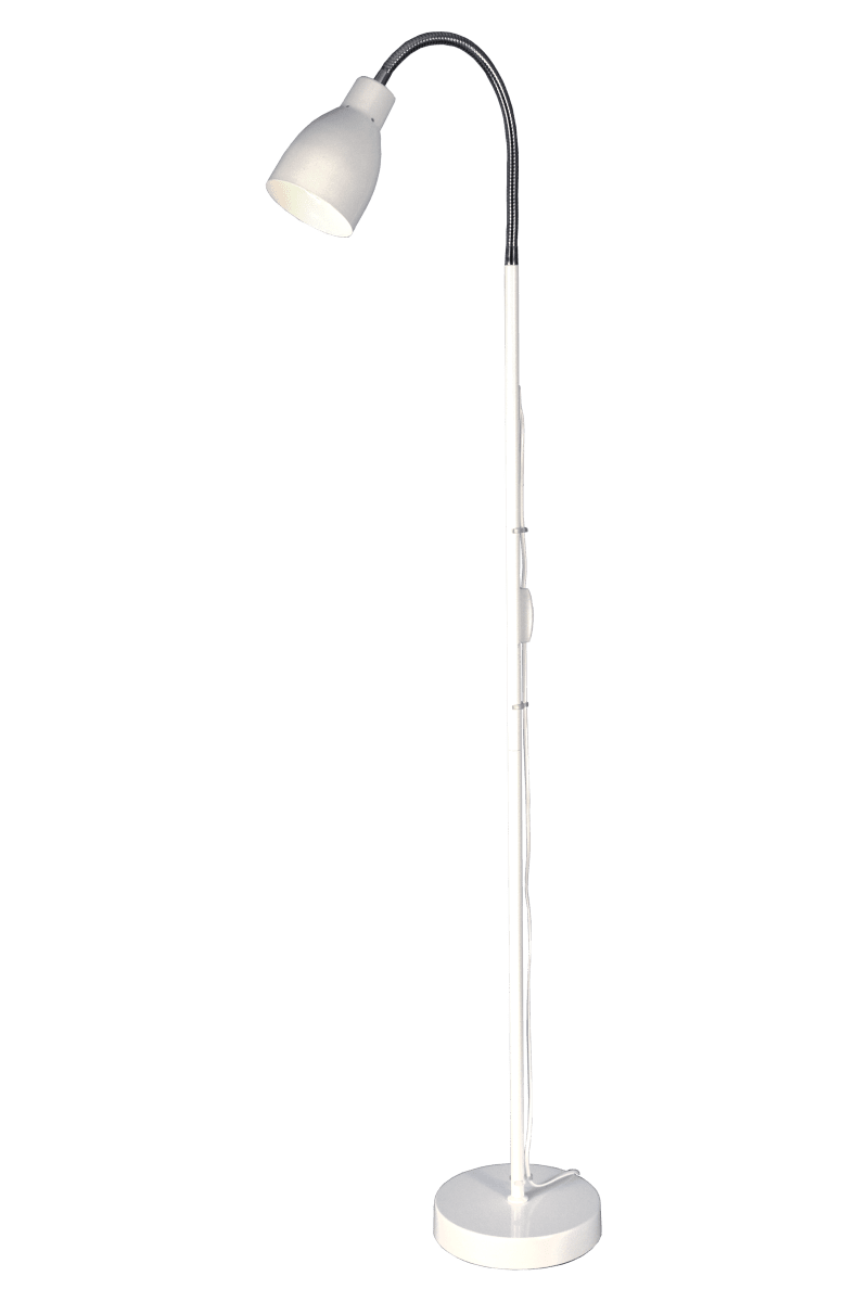 Sarek Hvid gulvlampe Fra Aneta Lighting - Sarek er en stilfuld gulvlampe i mat hvidt metal med flex arm i krom for nem justering af lyset.