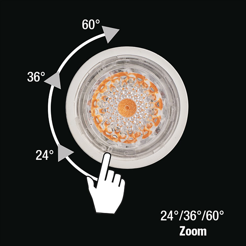 GU10 Zoom 24° 36° 60° 7W Dæmpbar Hvid Fra Unison - LED GU10 Zoom 7W er en alsidig lyskilde med justerbar spredningsvinkel fra 24&deg; til 60&deg;, hvilket g&oslash;r den ideel til retningsbestemt eller bred belysning.